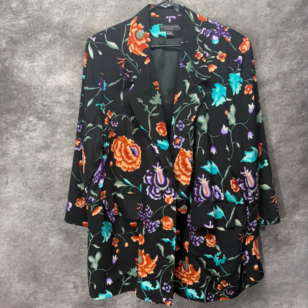 Vintage Andrea Jovine 100% Silk Floral Blazer Jacket Plus Size 24 Black Artsy